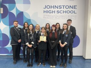 Group of pupil Ambassadors from Johnstone High School with their gold plaque