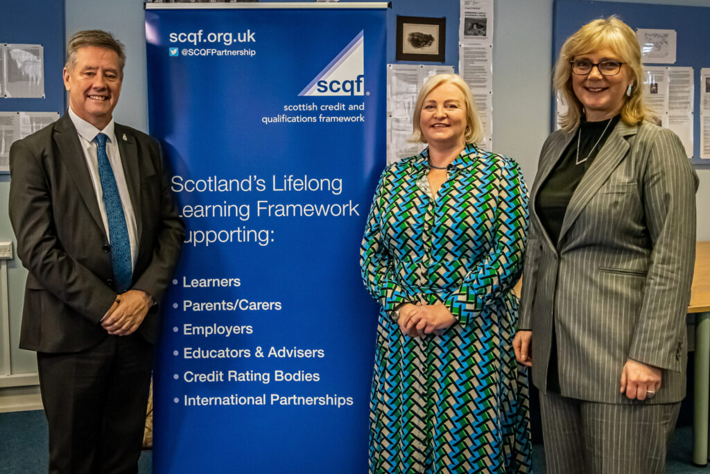 From left to right, Keith Brown MSP, Veterans Commissioner for Scotland Susie Hamilton & Pauline Radcliffe, CEO of the SCQF Partnership