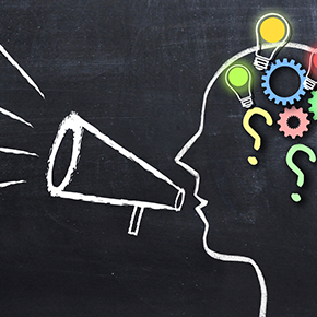 A white outline of a head within question marks inside, speaking into a loudspeaker, reflecting SCQF consultancy services