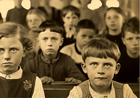 A black and white image of children in school in the 1940s. They are sitting at desks, looking forward, not smiling. They signify the qualifications children learned in school back in the day.