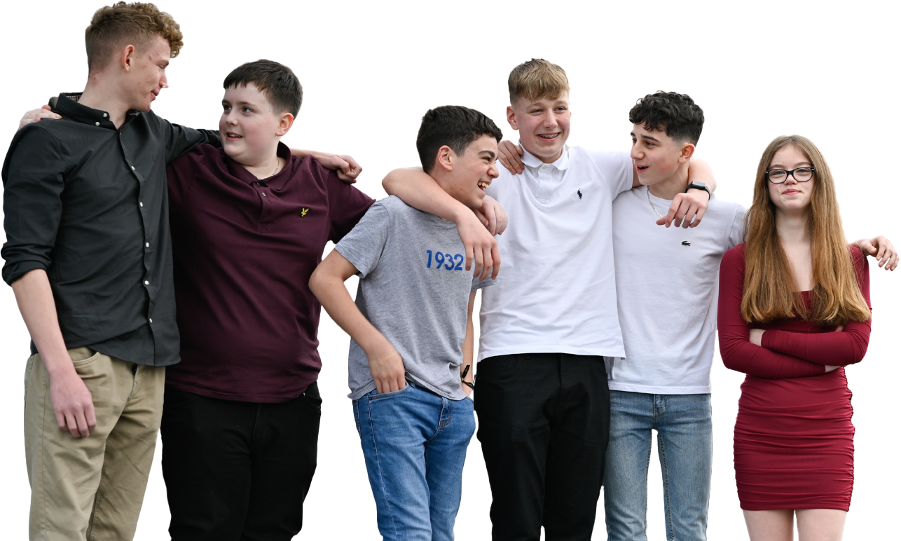 A group of young people, including 5 boys and 1 girl. The boys are talking to each other. They represent learning in the community, and the support that the SCQF offers in the field of CLD