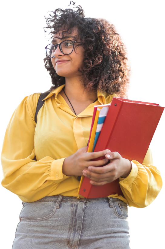 A student looks to the side, smiling, while holding two folders in her arms. She had a backpack on her shoulders. She represents the support that the SCQF offers to colleges and universities.