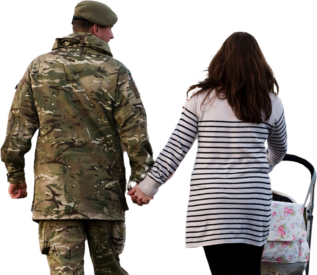 The back of a solder in his uniform, his head tilted towards his wife, who is holding his hand and pushing a pram with her other hand. He represents the Armed Forces members that the SCQF supports.
