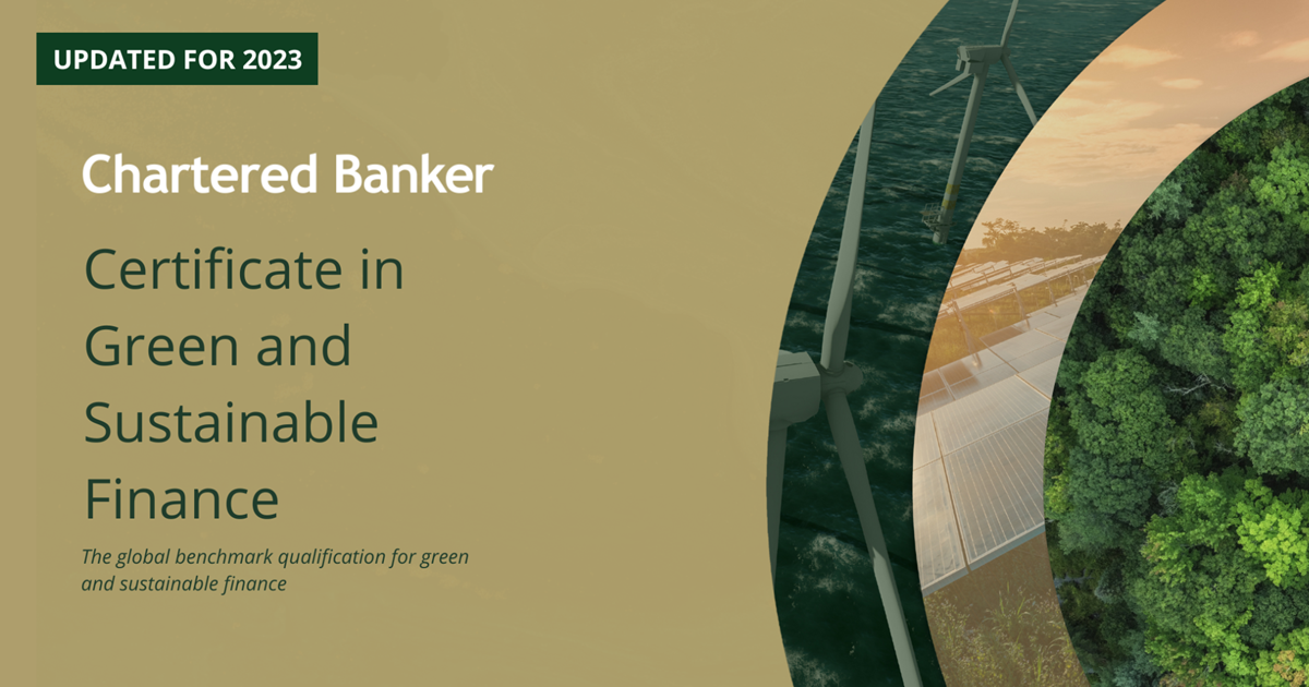 Banner showing title Certificate in Green and Sustainable Finance with image of green trees and windfarms