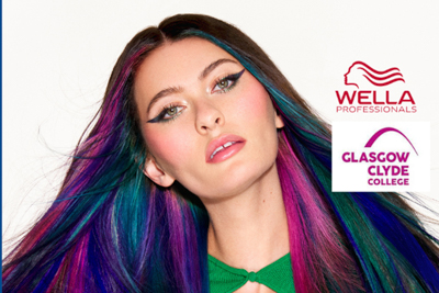 Picture of female model with vibrant hair colour with Wella and Glasgow Clyde college logos