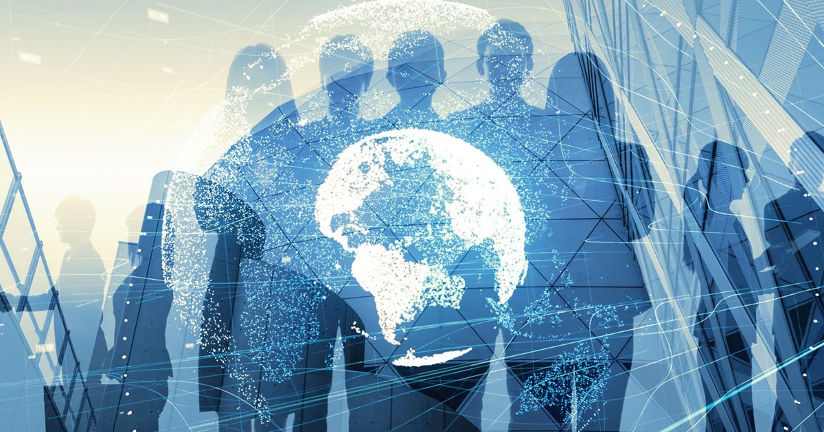 Illustration of business people with globe overlaid