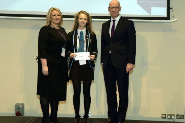 Clydebank High School Principal teacher, Lynne Allison with pupil and DFM John Swinney at SCQFP conference 2018