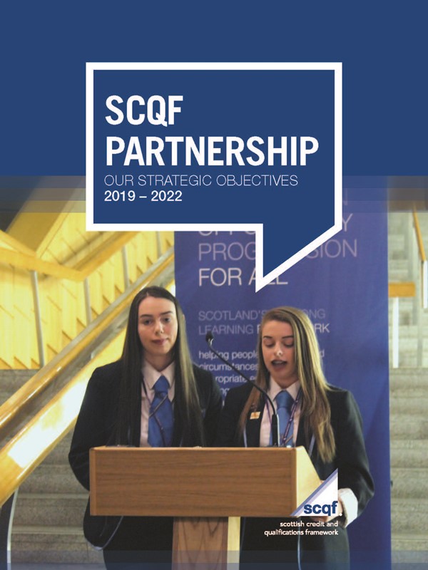 Front cover of SCQF Partnership Strategic Plan 2019-22 featuring Clydebank High pupils presenting at Parliamentary reception