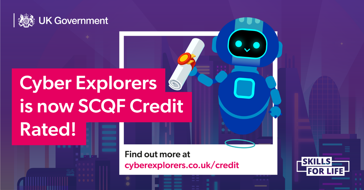 A graphic with a purple star-filled background of a blue robot holding a Cyber Explorer SCQF qualification scroll.