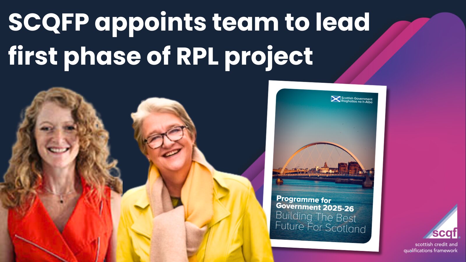 Headshots of Julie Cavanagh and Susan Stewart alongside the front page of the Programme for Government document