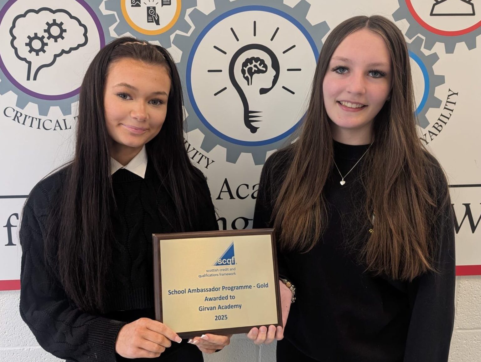 Girvan Academy pupils with their gold SCQF School Ambassador plaque