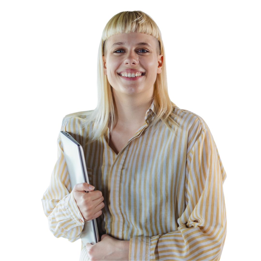Women smiling, holding a laptop. She represents the range of employers and learners the SCQF supports