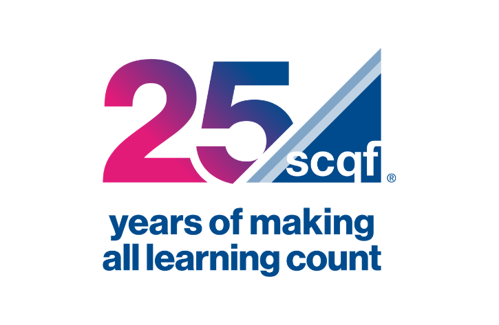 Graphic celebrating 25 years of SCQF, featuring a large ‘25’ in a pink-to-blue gradient, the SCQF logo, and the slogan ‘years of making all learning count’ beneath