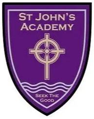 Purple school crest for St John’s Academy featuring a white cross with a circular design at its centre, stylised waves at the bottom, and the motto “Seek the Good.”