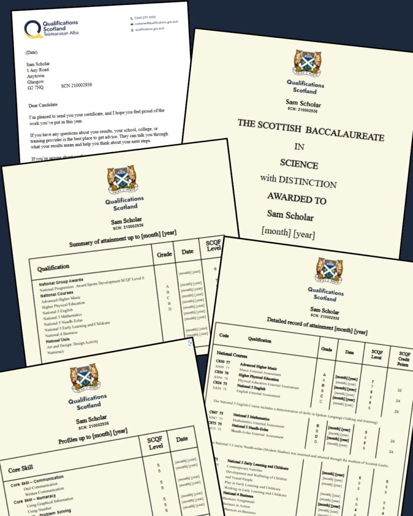 A collage of official Qualifications Scotland documents for a candidate named Sam Scholar, including a congratulatory cover letter, a Scottish Baccalaureate in Science certificate with distinction, and several records summarising and detailing attainment, grades, SCQF levels, and core skills.