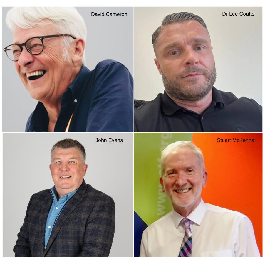 Collage of four professional headshots arranged in a 2×2 grid. The top-left image shows a person with light hair and glasses wearing a dark shirt against a grey background. The top-right image shows a person in a dark polo shirt seated against a plain light-coloured wall. The bottom-left image shows a person wearing a blue shirt and checked blazer against a light grey background. The bottom-right image shows a person in a white shirt and patterned tie standing in front of a green, blue, and orange background. Labels appear on the collage identifying the speakers as David Cameron, Dr Lee Coutts, John Evans, and Stuart McKenna.