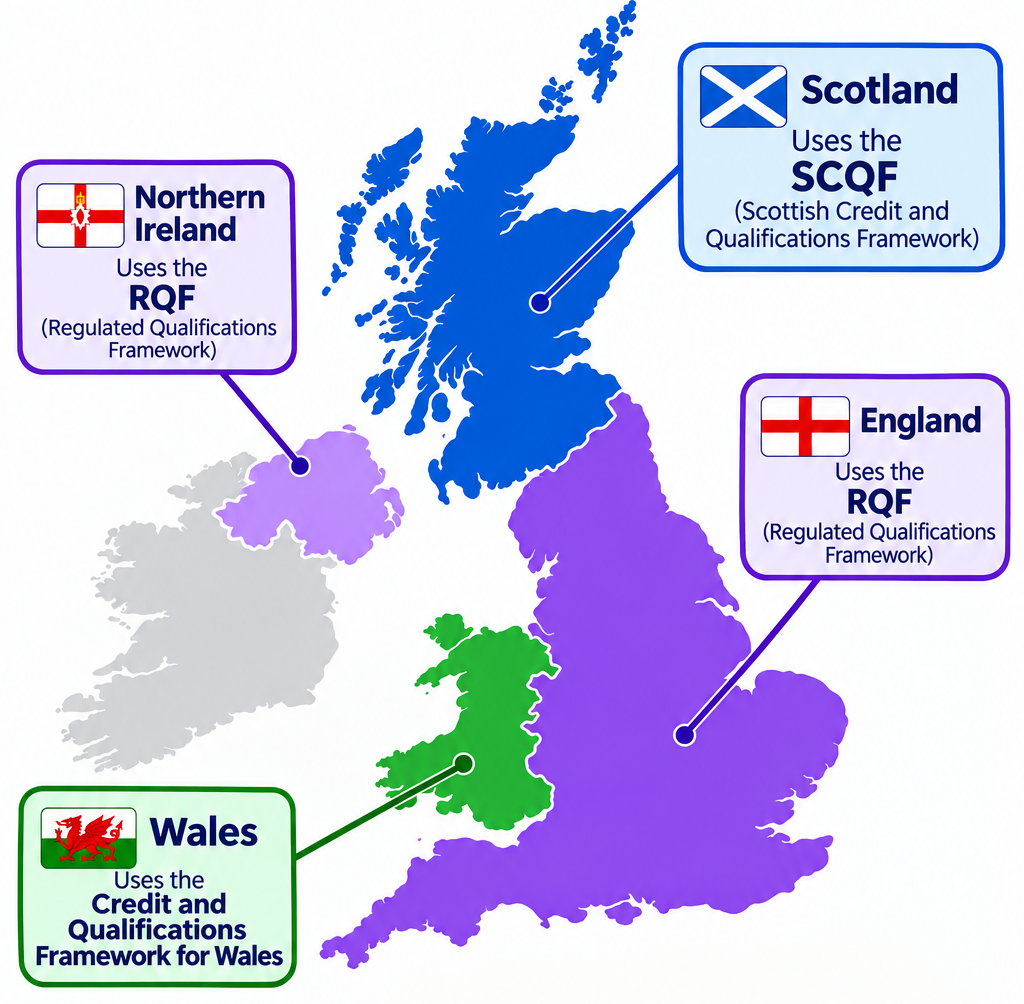 Infographic titled showing a colour-coded map of the UK. Scotland is highlighted in blue and labelled as using the SCQF; England and Northern Ireland are highlighted in purple and labelled as using the RQF; and Wales is highlighted in green and labelled as using the Credit and Qualifications Framework for Wales. The Republic of Ireland is shown in grey.