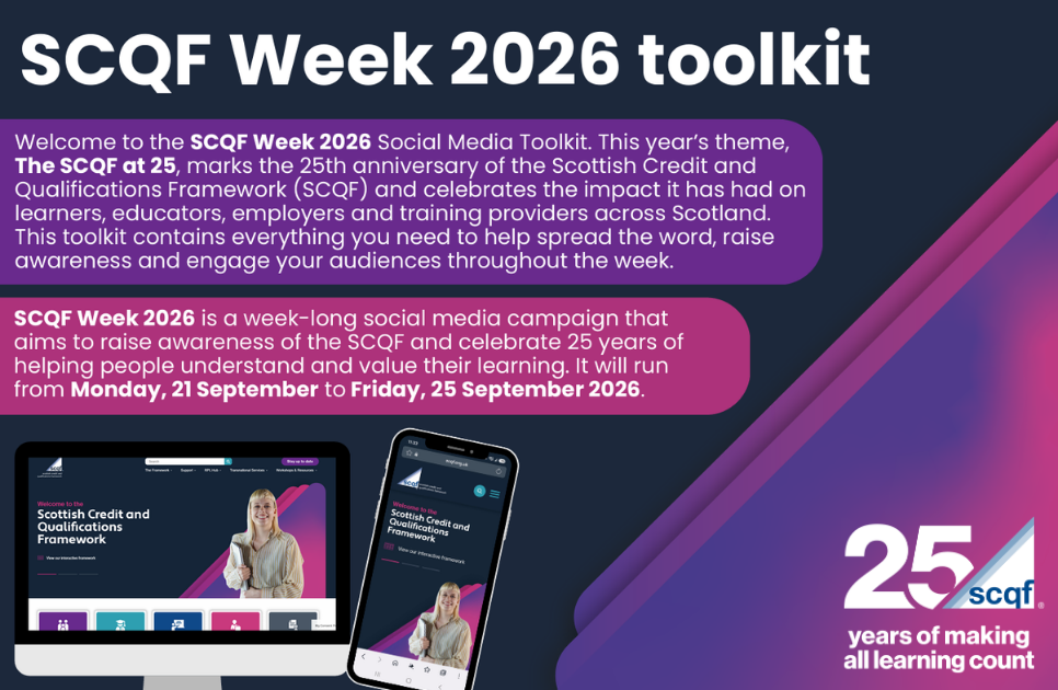 Cover page of the SCQF Week 2026 Social Media Toolkit. The design has a dark navy background with large white text reading “SCQF Week 2026 toolkit”. Two coloured text panels explain that SCQF Week 2026 celebrates 25 years of the Scottish Credit and Qualifications Framework (SCQF) and will run from Monday 21 September to Friday 25 September 2026. At the bottom left are illustrations of a desktop computer and a smartphone displaying the SCQF website. The right-hand side features layered pink and purple geometric shapes. In the bottom right corner is the SCQF 25th anniversary logo with the text “25 years of making all learning count”.